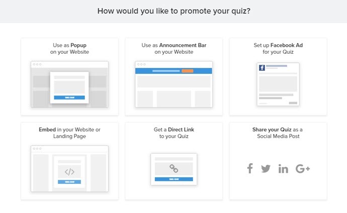 This image shows the different methods you can use to promote your new quiz