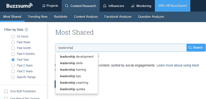 BuzzSumo - most shared search box example