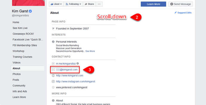 How to find someone's email address in Facebook's about page