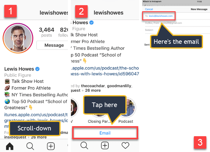 Finding someone's email for free via Instagram's email button