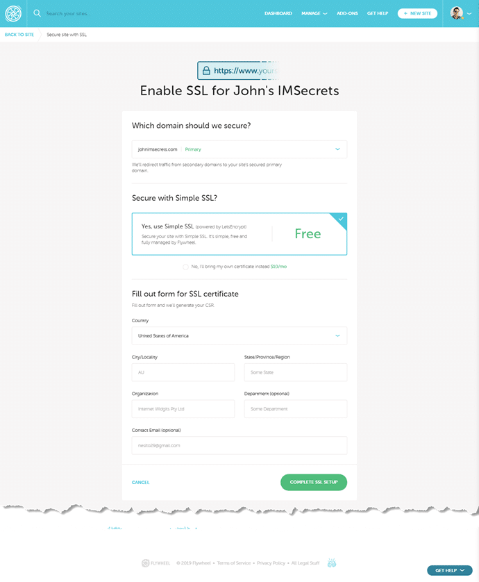 Enabling your free SSL certificate on Flywheel