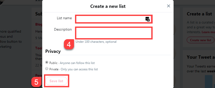 Steps four and five to create a Twitter list