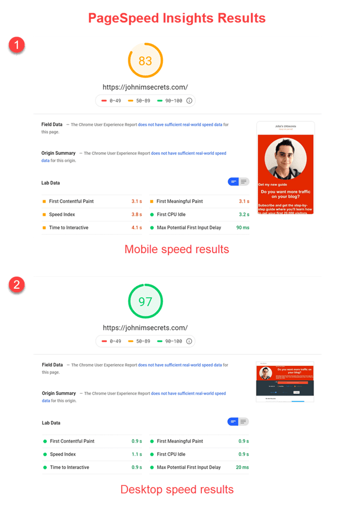 PageSpeed Insights Results