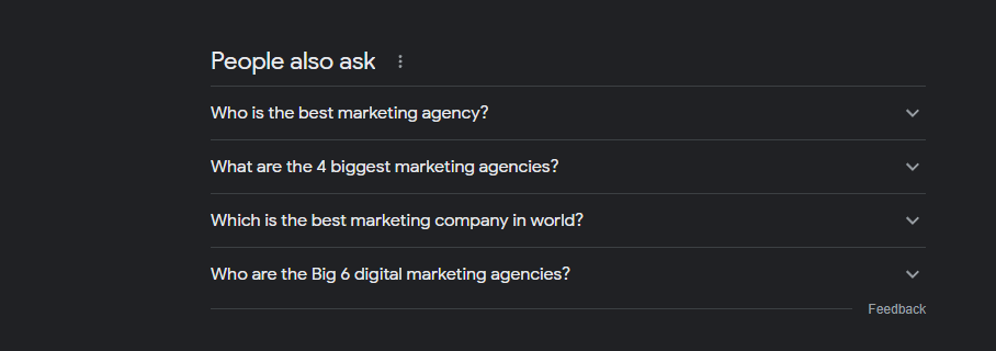 This image shows an example of what Google's "People also ask section" looks like. It shows four different searches related to marketing agencies.