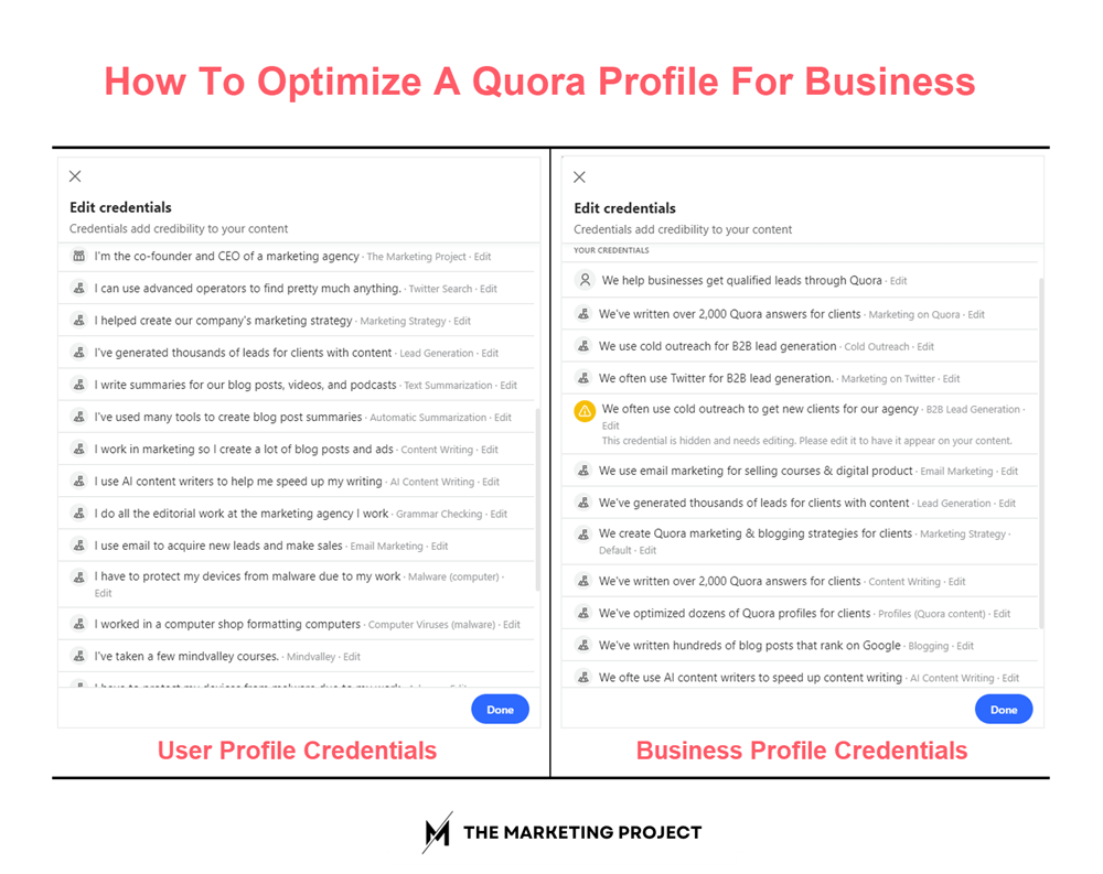 This image shows there's not much difference between user profile and business profile credentials and highlights.