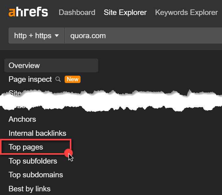 Click “Top pages” to see Quora's ranking pages.