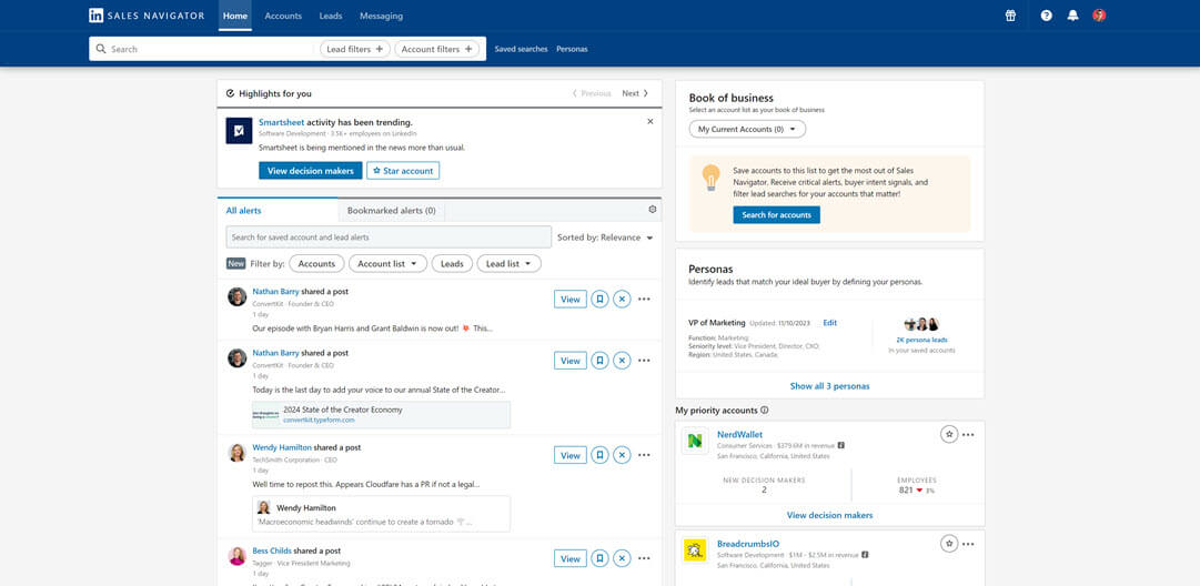 This image shows an example of LinkedIn Sales Navigator dashboard.