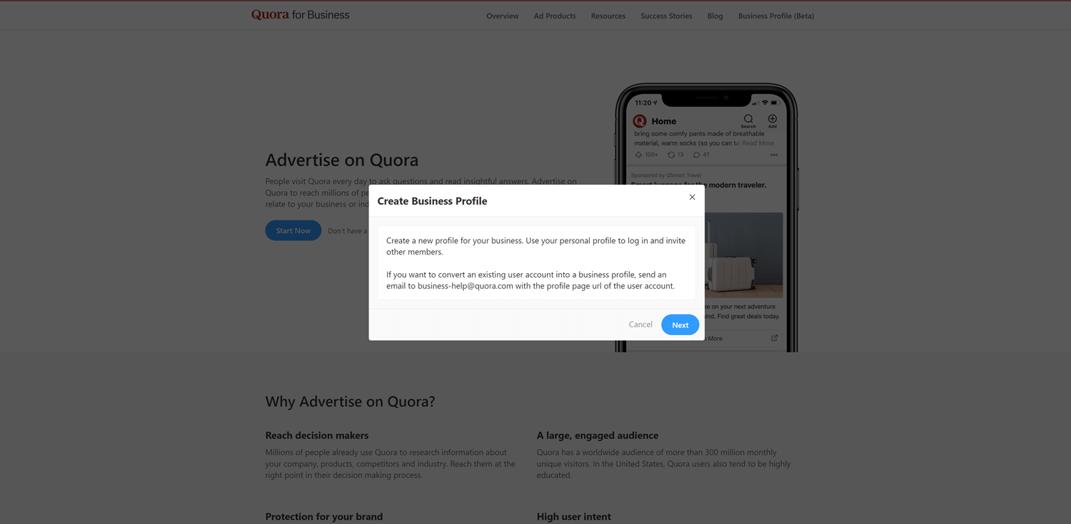 Image shows the pop up you'll see once you visit Quora's business create page.