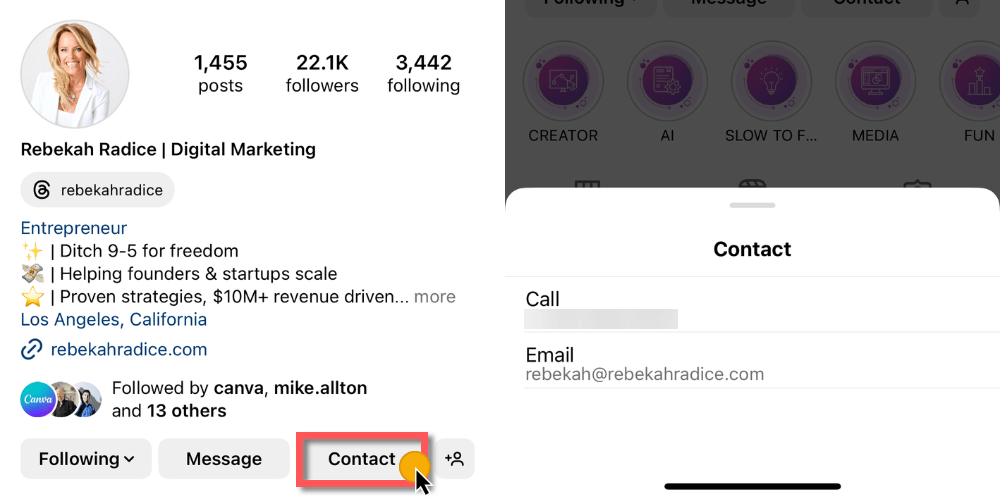 Image shows how to find someone's email address on Instagram through the contact button