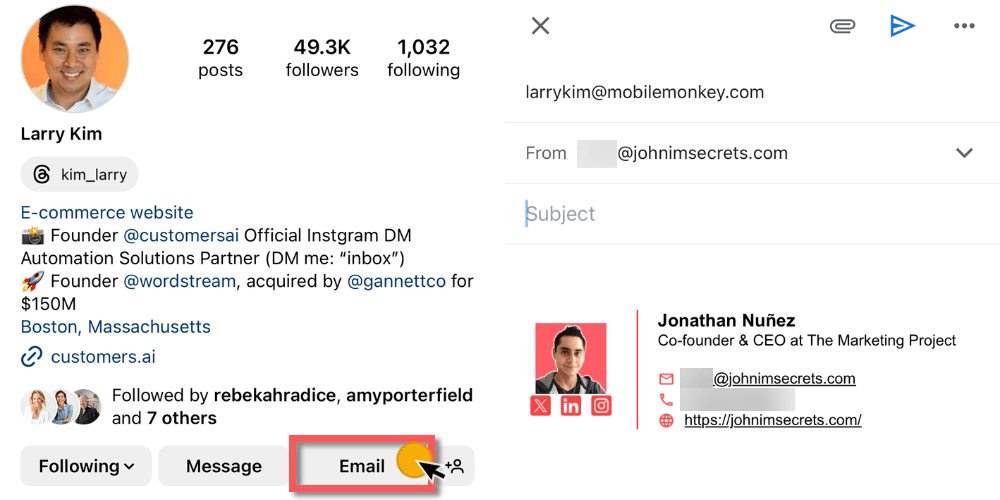 Image shows how to find someone's email address on Instagram through the email button