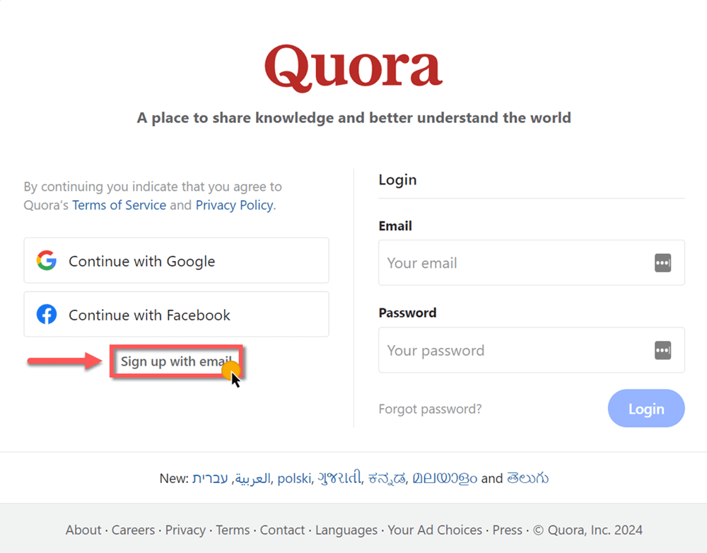 Image shows you the box you see when you visit quora.com to open a Quora profile