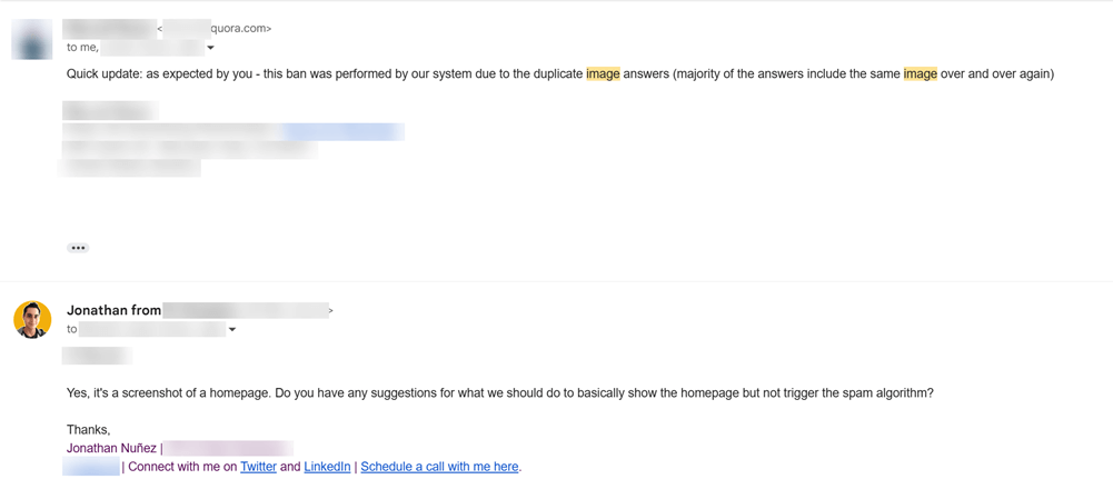 Image shows an email where we confirm Quora collapsing answers due to overusing the same image