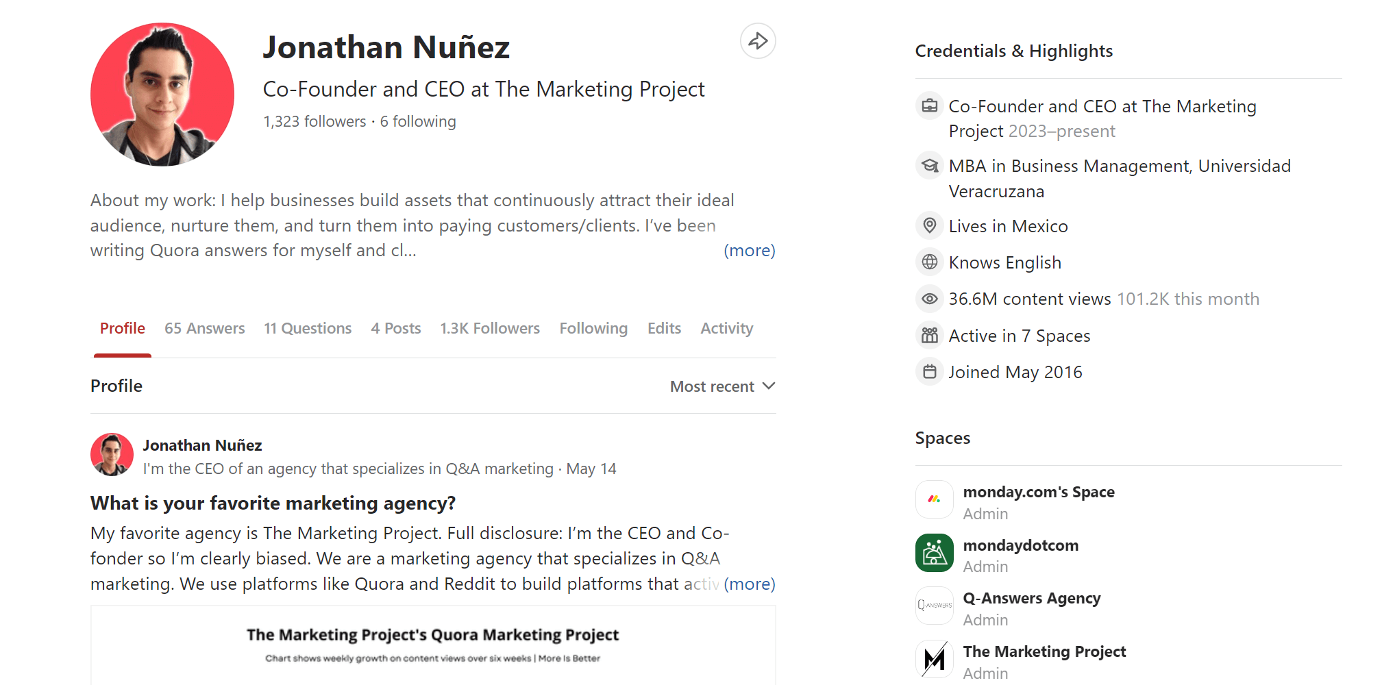 Jonathan's Quora business profile