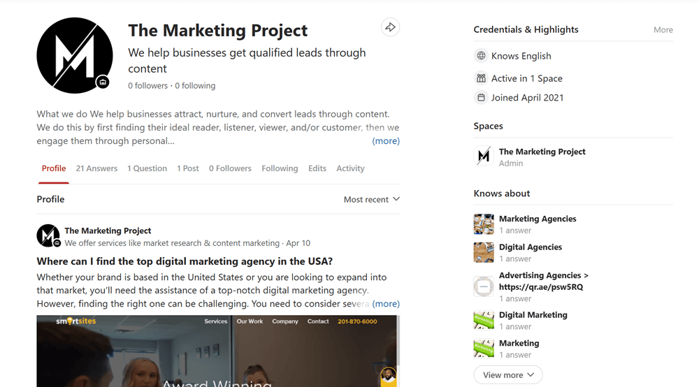 Image shows The Marketing Project's optimized Quora business profile