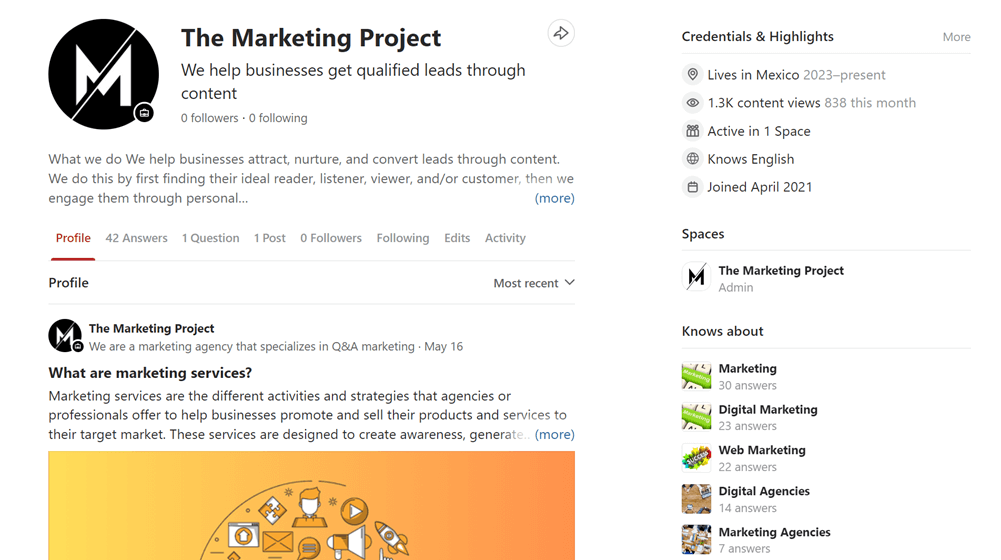 The Marketing Project's Quora business profile