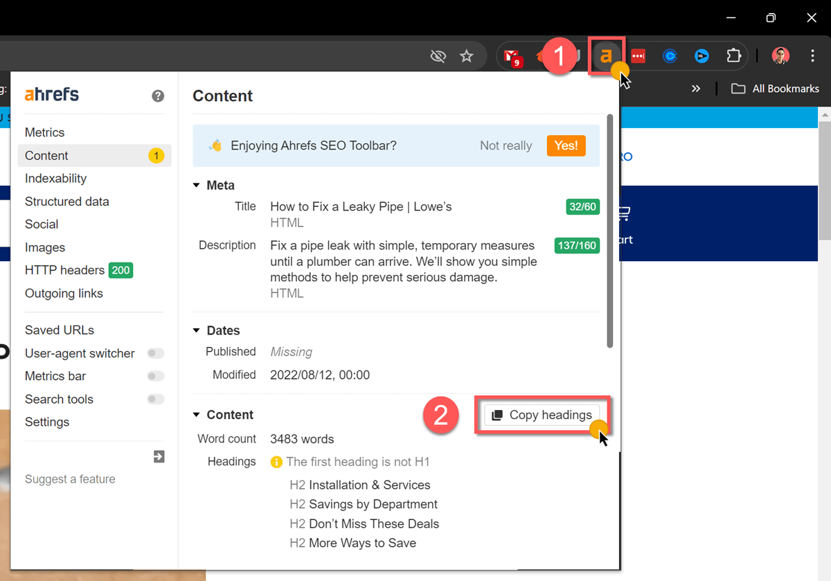 Copying headings with Ahrefs' SEO toolbar. 1) Click the extension icon and then 2) click "Copy headings".