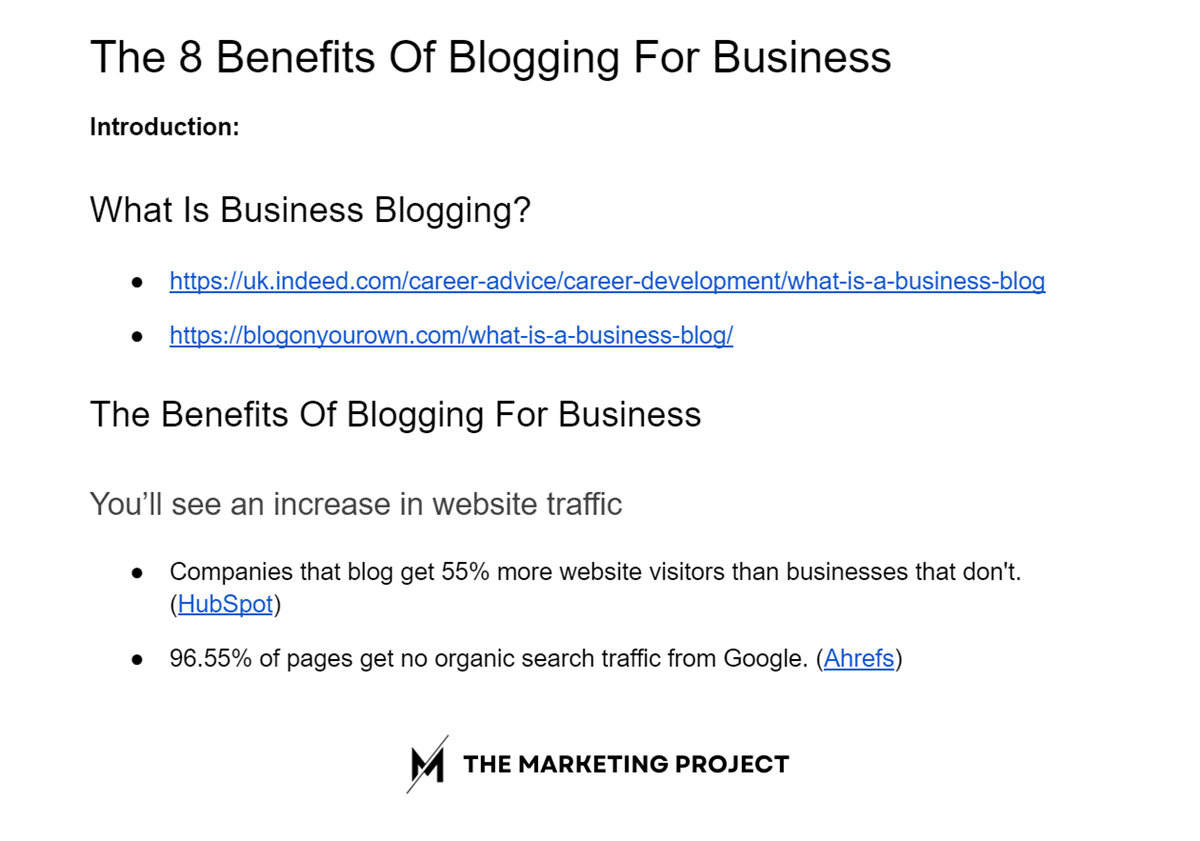 Image shows what a blog outline looks like when you add resources, data points, and sources.