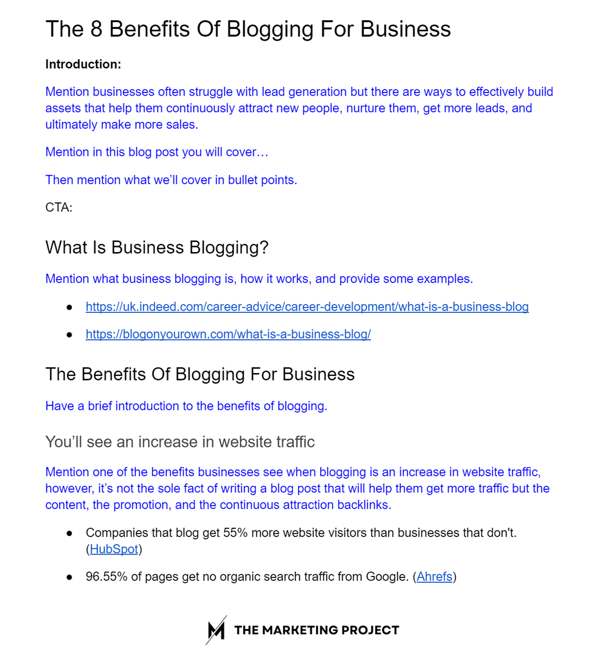 Image shows what a blog outline looks like when you add resources, data points, sources, and comments on how to tackle the blog post.