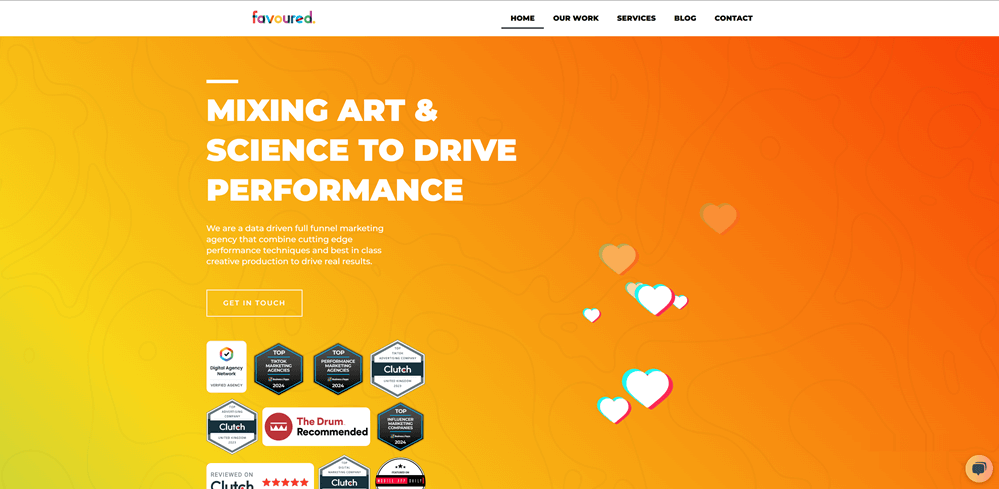 Image shows the homepage of the Favoured creative agency in the UK