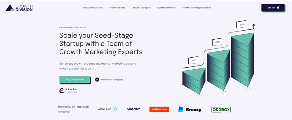 Image shows the homepage of the growth marketing agency Growth Division