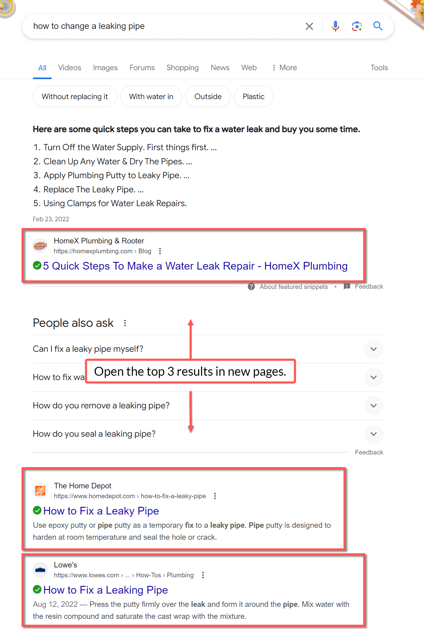 Image shows the top three search results on Google for the search "how to change a leaking pipe".