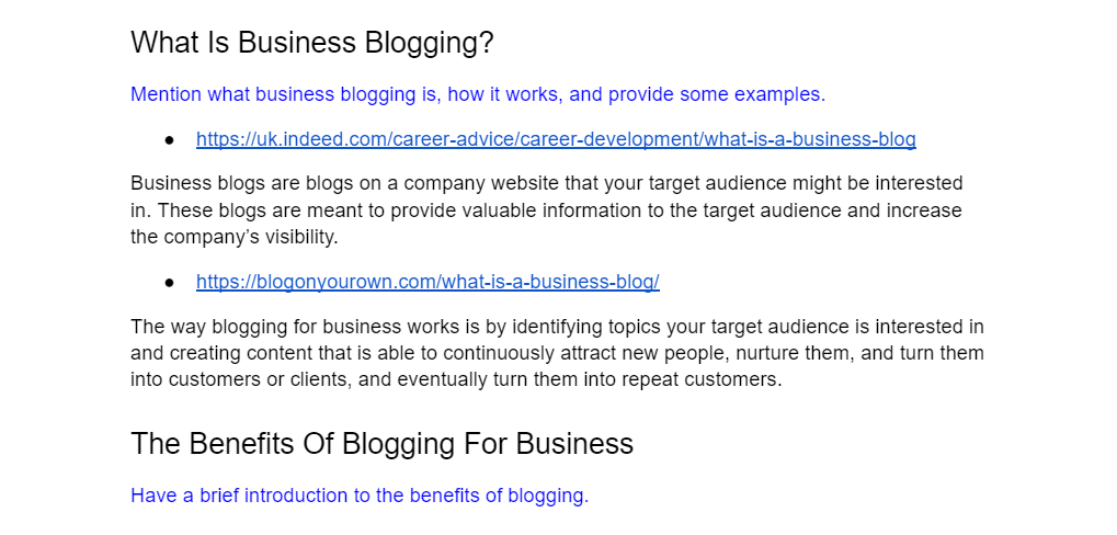 Image shows an example of what a blog post outline looks like. It shows blog headings, links to cited sources, and instructions on how to tackle each section.