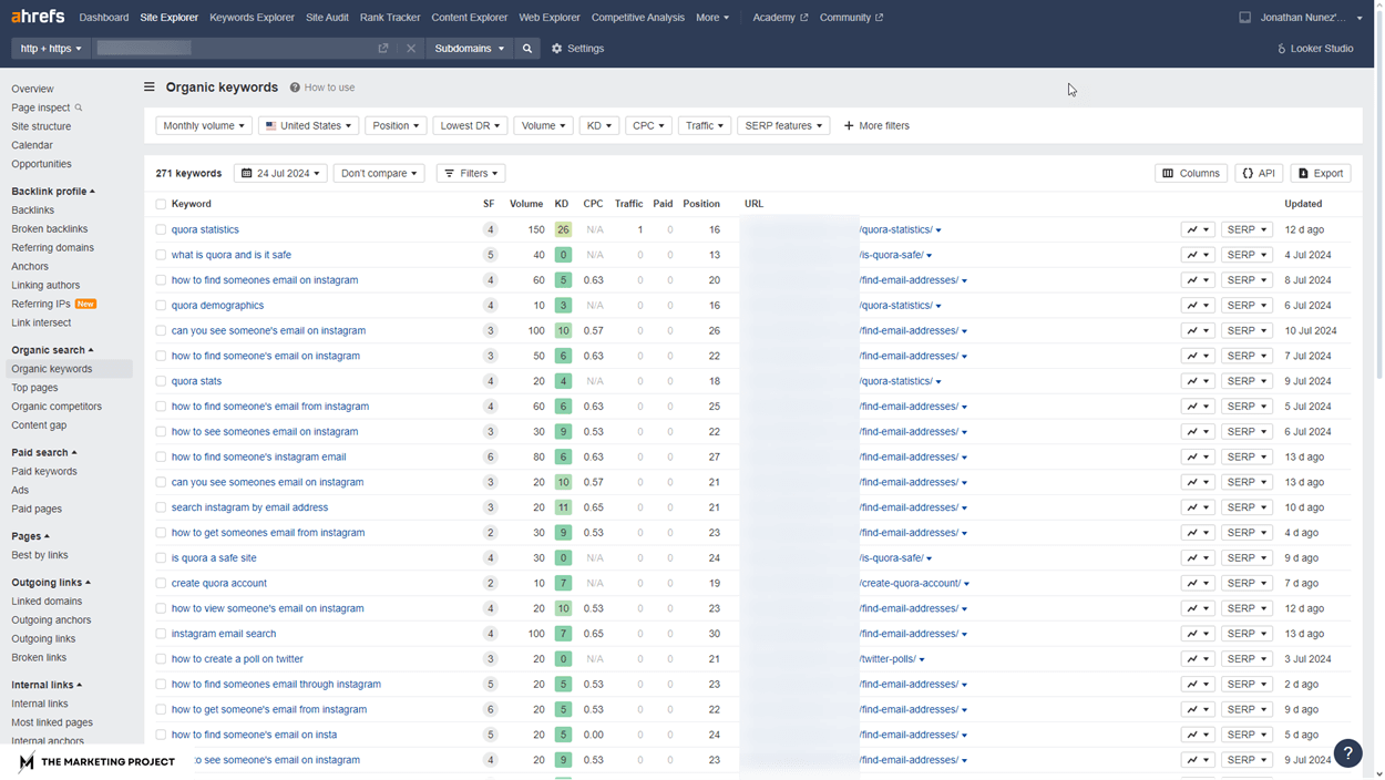 Ahrefs' organic keywords dashboard