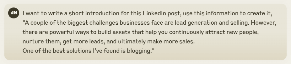 Image shows an example of instructions given to Claude to create a LinkedIn post that uses an introduction written by the user.