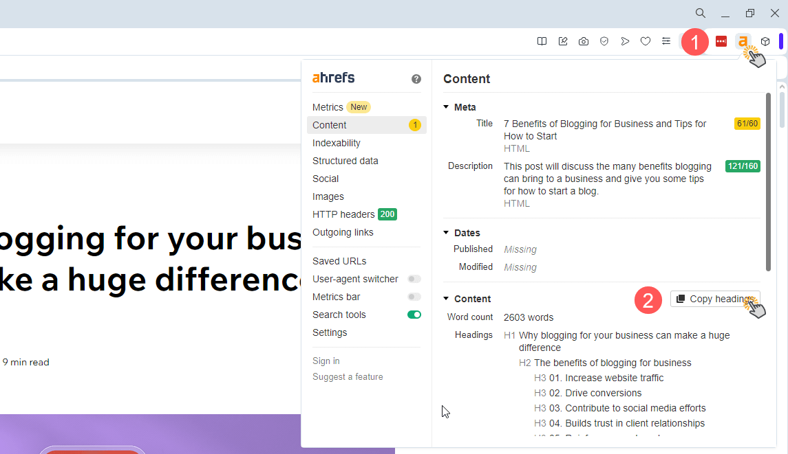 Image shows how to copy headings through Ahref's SEO toolbar. Click the Ahrefs extension and then click, "Copy headings".