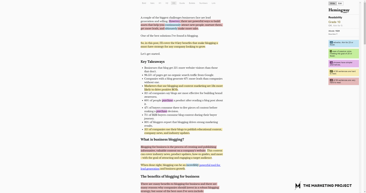 Hemingway Editor dashboard showing a blog post with all the suggestions and improvements Hemingway gives you