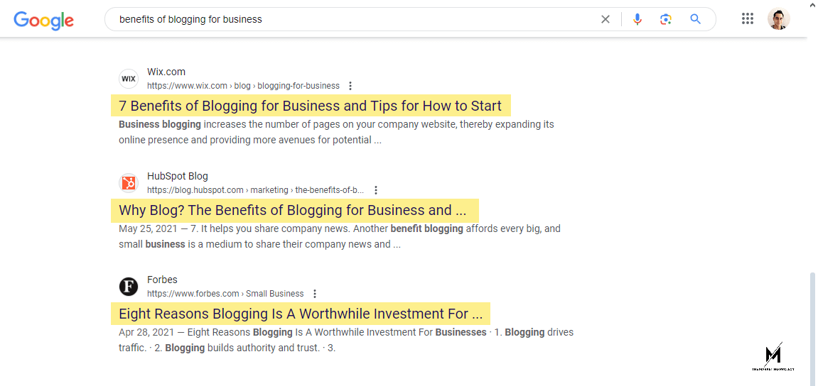 Image shows the top three Google search results for the keywords, "benefits of blogging for business"