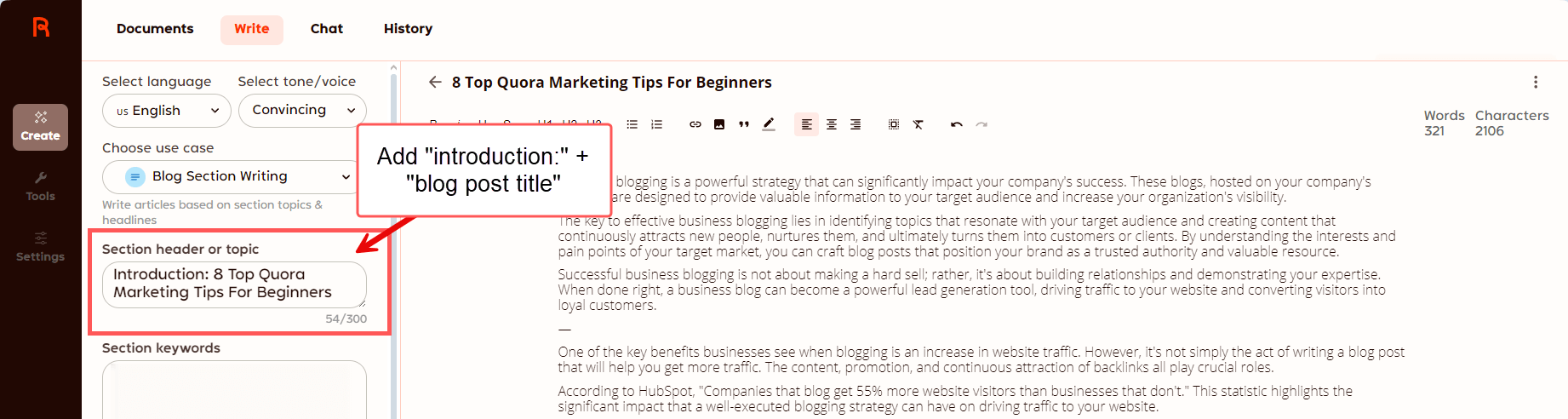 Image shows where you should add "introduction:" + the blog post title on Rytr.