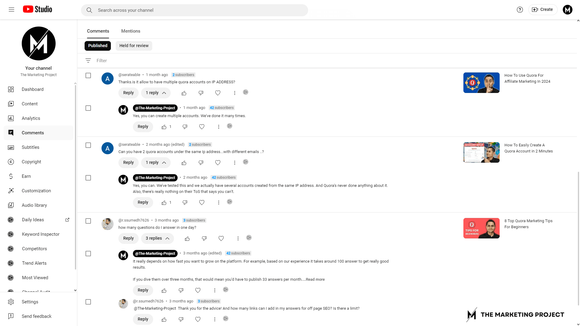 Image shows comments and questions we received on YouTube