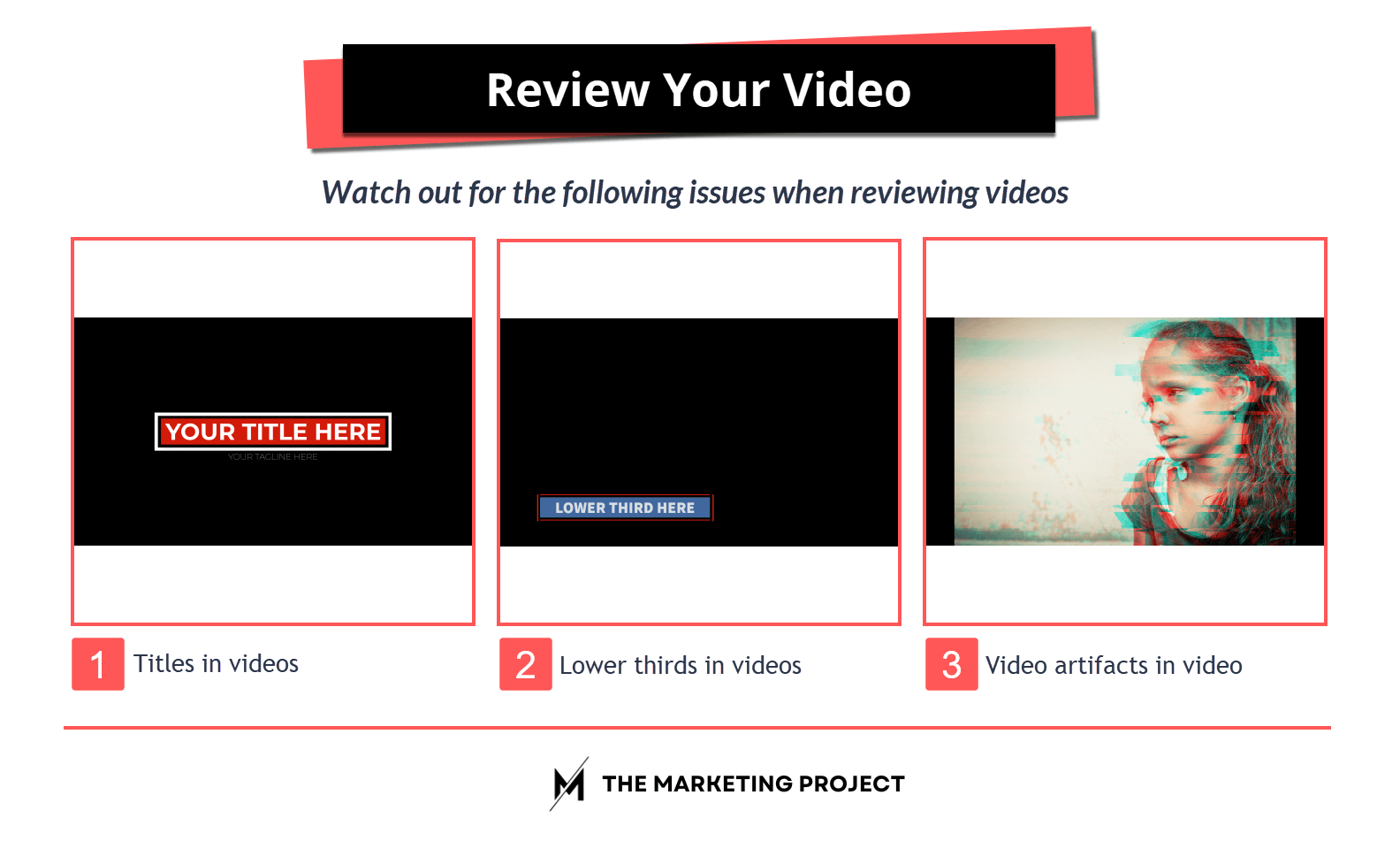 Image shows the three issues you should watch out for after exporting your video; 1) title in videos, 2) lower thirds, and 3) video artifacts.