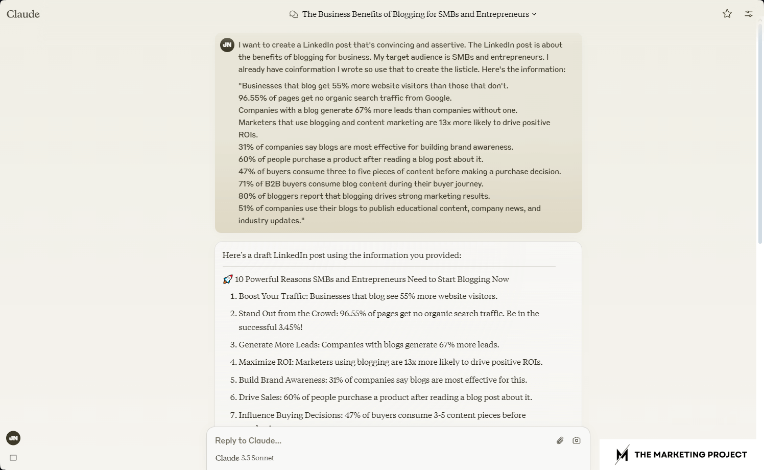 Image shows how to give Claude instructions to repurpose your content for a LinkedIn post.