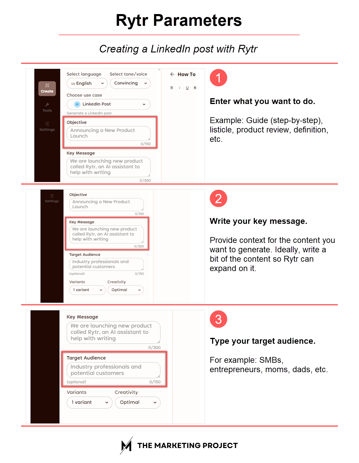 Image shows the three main parameters people should consider when creating a LinkedIn post with Rytr.