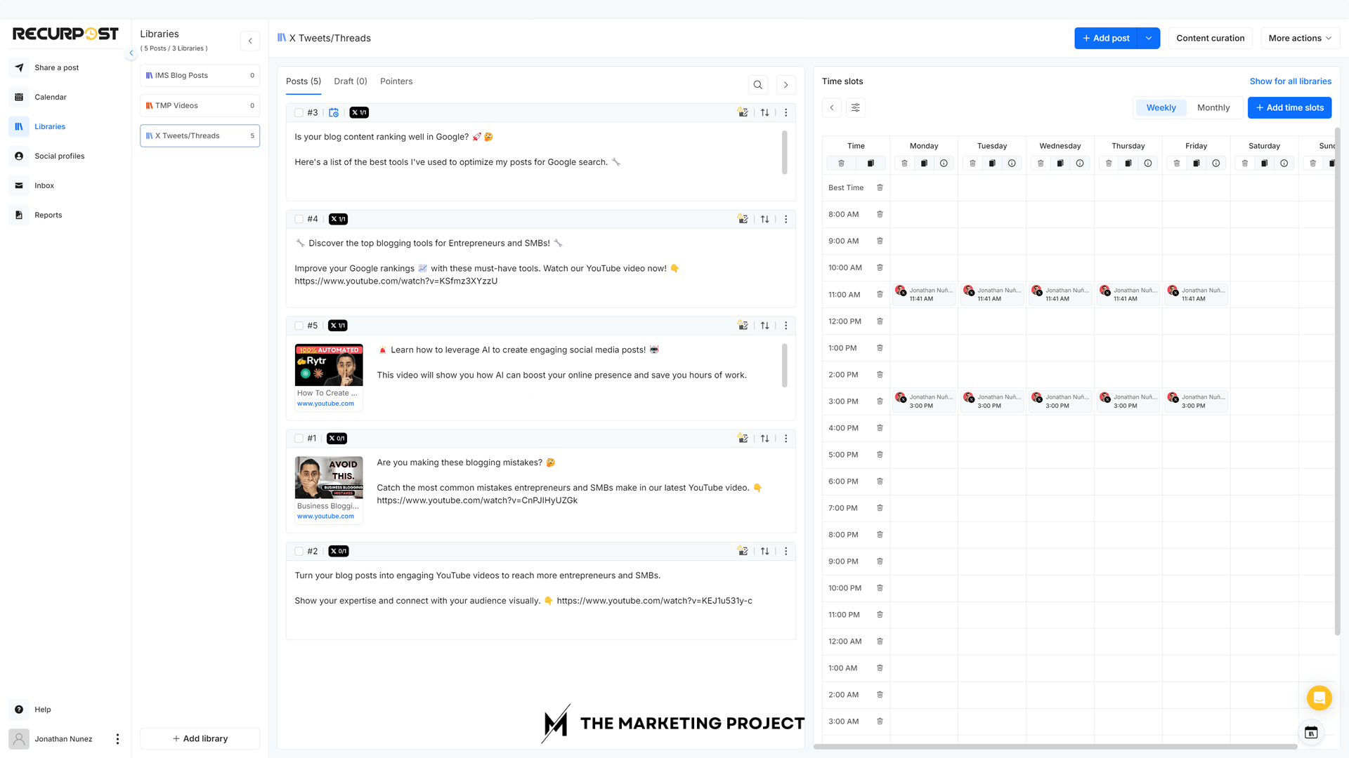 Image shows a list of tweets and threads on Recurpost's dashboard