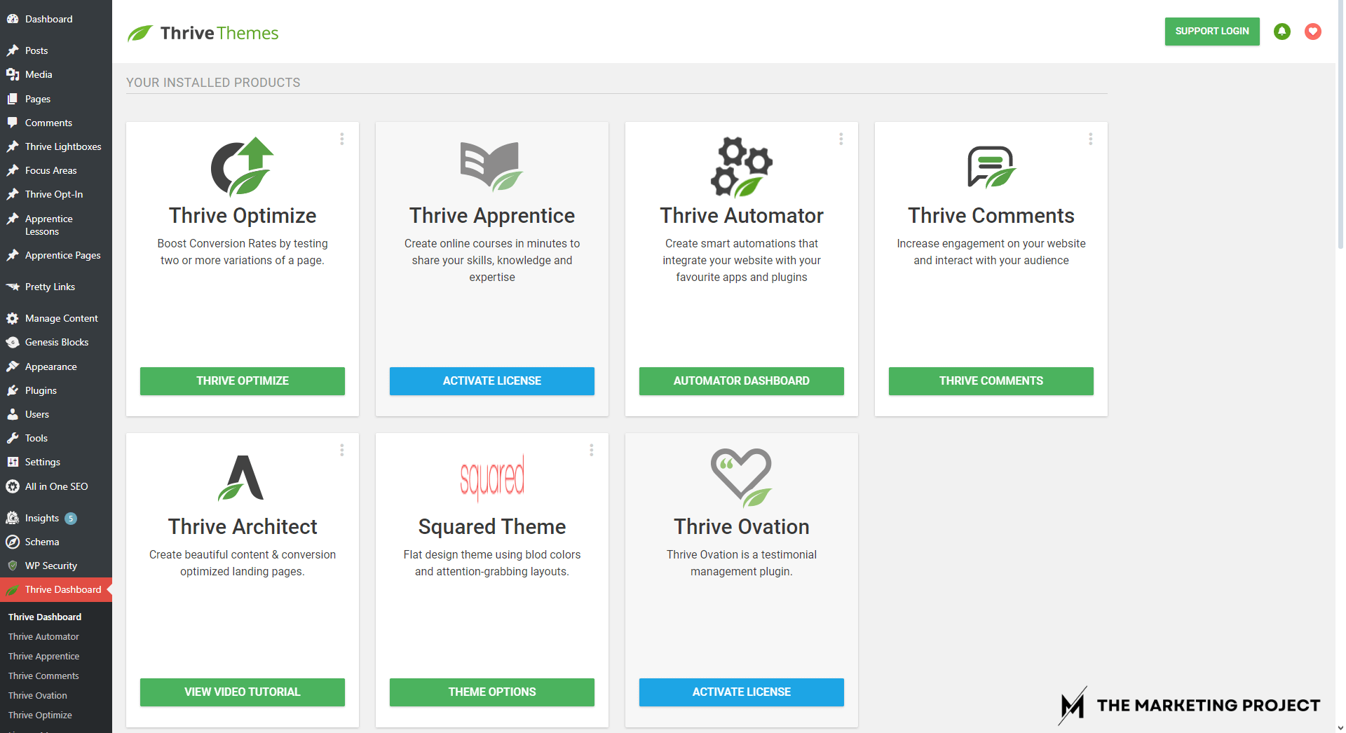 Image shows Thrive Themes' dashboard of installed products