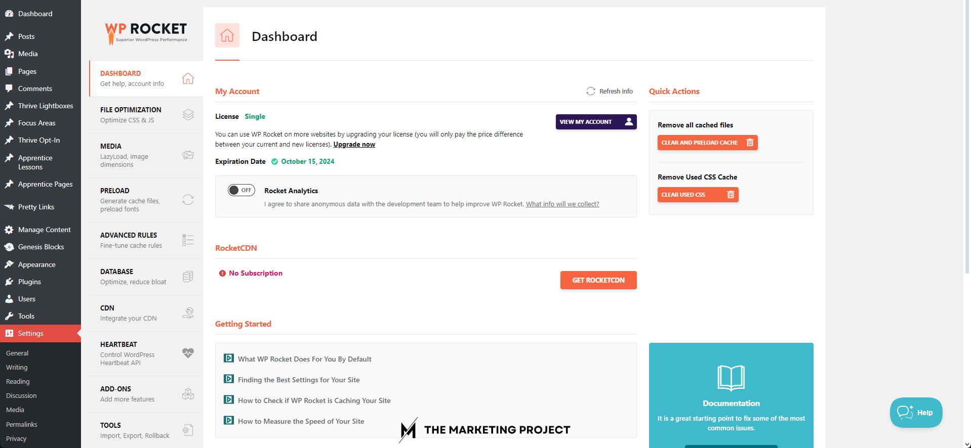 Image shows WP Rocket's dashboard