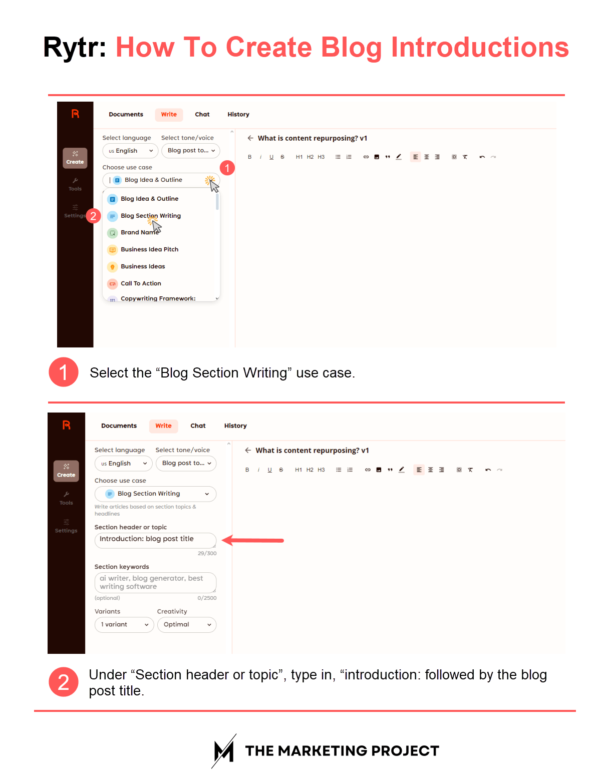 Image shows steps one and two of how to create a blog post introduction with Rytr