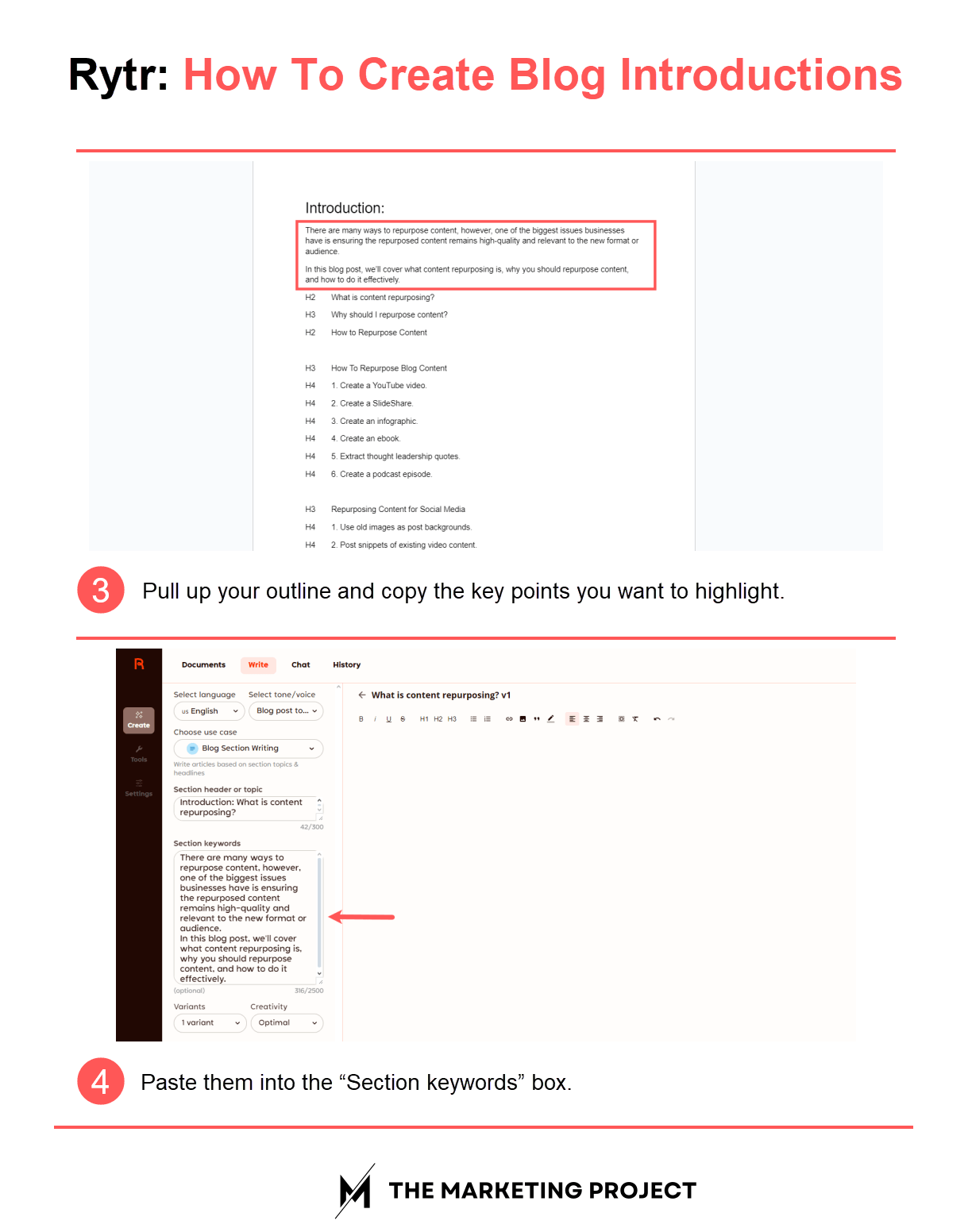 Image shows steps three and four of how to create a blog post introduction with Rytr