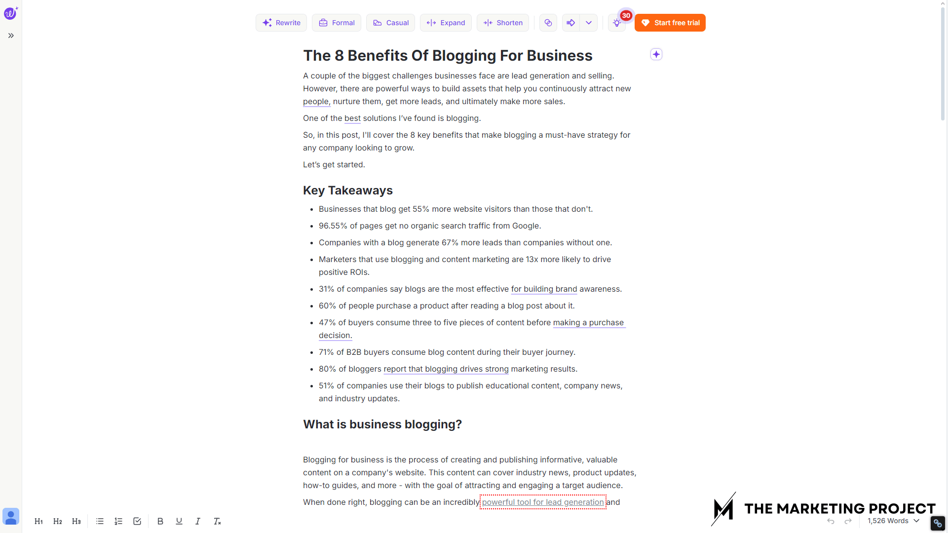 Image shows the Wordtune dashboard with content and highlights for revisions