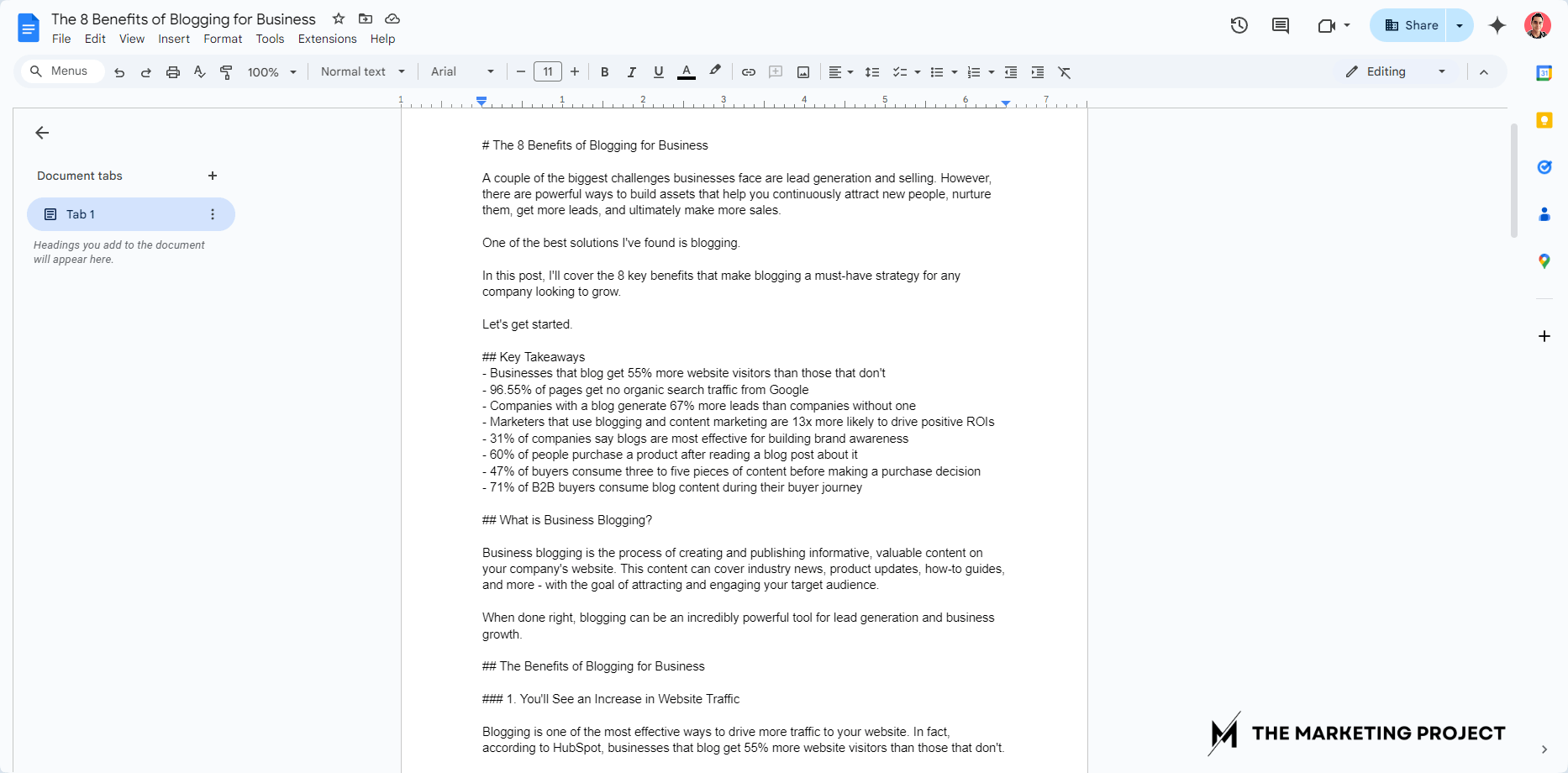 Image shows a Google Doc with the first draft of a blog post Claude created