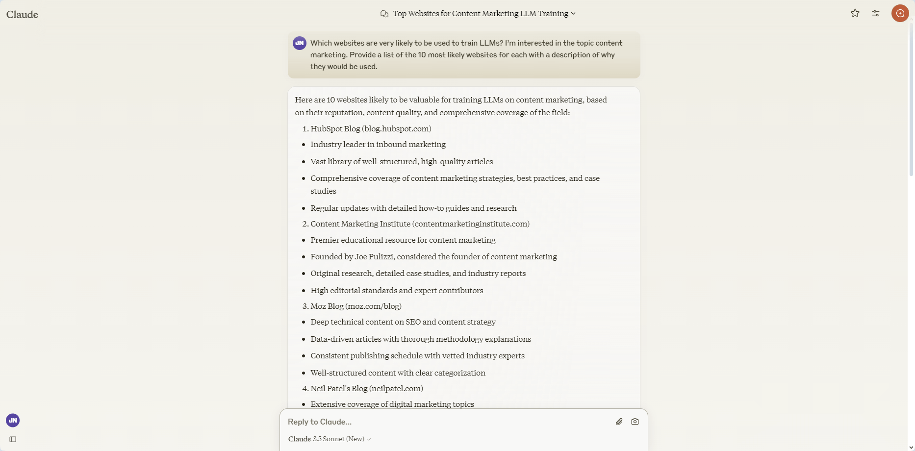 Image shows an example of a Claude conversation requesting a list of the 10 most likely content marketing websites to be used in LLM training data.