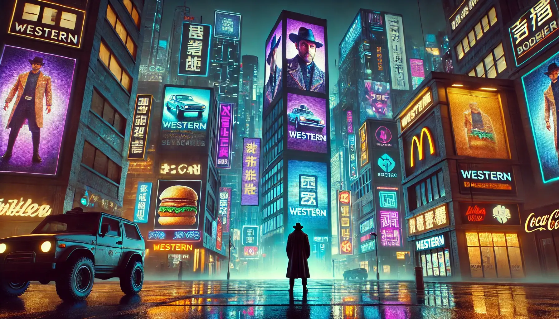 A cyberpunk-inspired city scene at night, designed with a Western aesthetic. A single person stands amidst towering LED billboards and advertisements